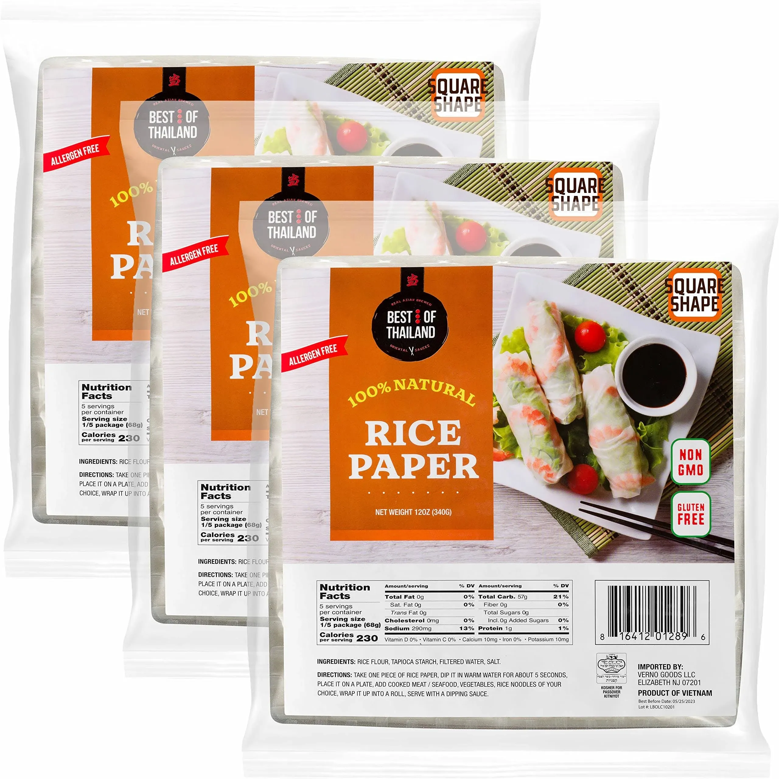 Best of Thailand [Square] White Rice Paper Wraps 3 Pack | Perfect for Fresh Spring Rolls & Dumplings | Non-GMO, Gluten-Free, Vegan & Paleo | Kosher for Passover Kitniyot