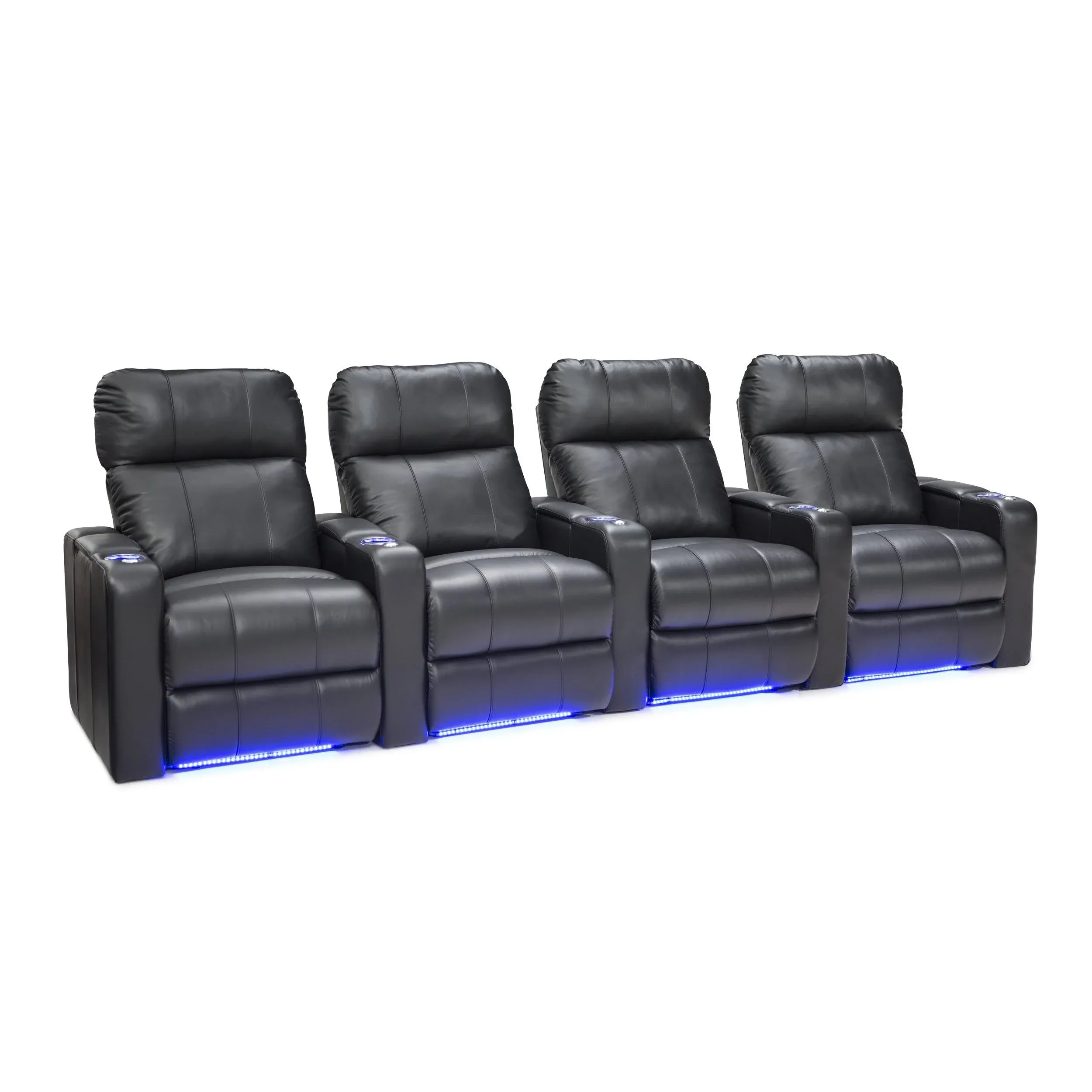 Seatcraft Monterey Leather Home Theater Seating Power Recline with Adjustable Powered Headrests, In-Arm Storage, and USB Charging, Row of 4, Black