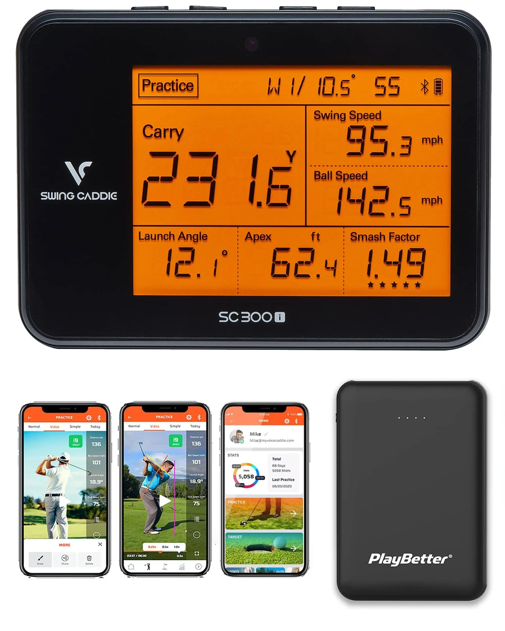 PlayBetter Swing Caddie SC300i Portable Golf Launch Monitor + Portable Charger