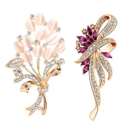 Skycase Set of 2 Rhinestone Brooch Pins Elegant Gold Crystal Floral Wedding Bouquet Brooches for Women and Girls