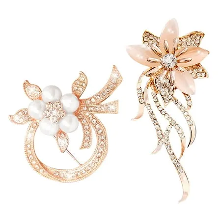 Skycase Set of 2 Rhinestone Brooch Pins Elegant Gold Crystal Floral Wedding Bouquet Brooches for Women and Girls