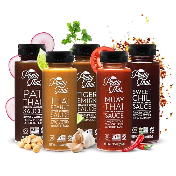 Pretty Thai Sauce Bundle | Sweet Chili + Thai Peanut Sauce + Pat Thai + Muay Thai + Tiger Smirk | Gluten Free Certified Non-GMO Authentic Condiment for Stir Fry Seasoning Dipping