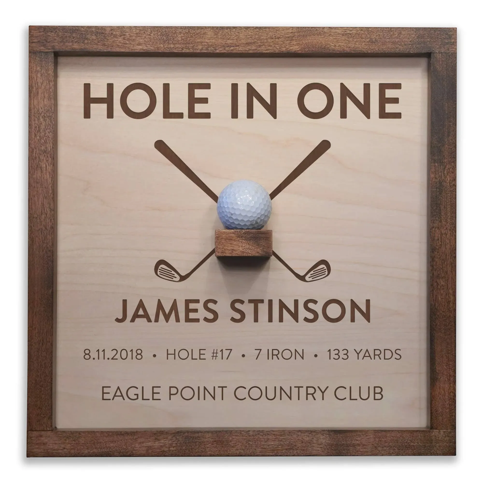 Handcrafted Hole in One Golf Ball Display Solid Wood Plaque Made in the USA with Custom Engraving (Crossed Clubs)