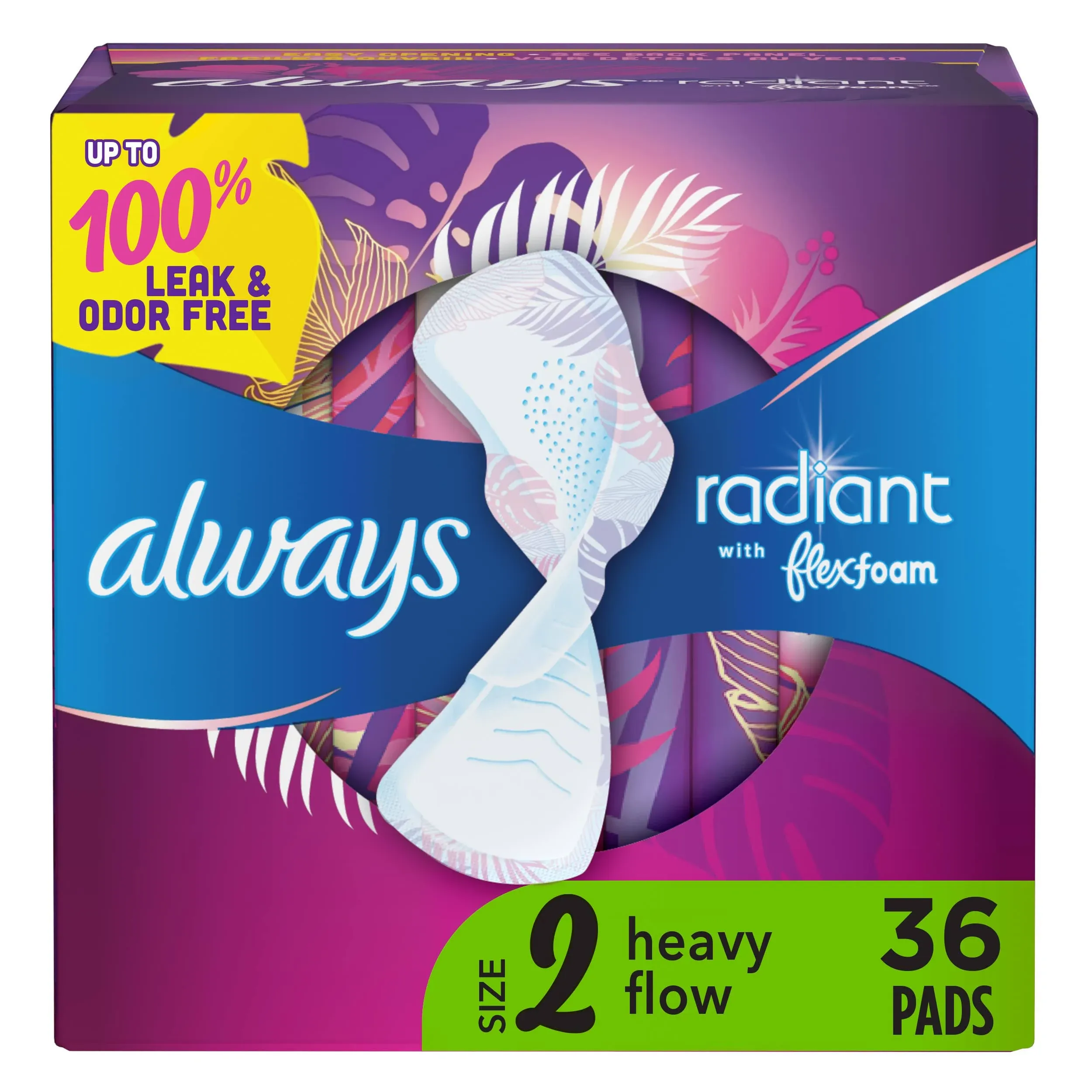 Always Radiant Pads, Flexi Wings, Heavy Flow, Light Clean Scent, Size 2 - 36 pads