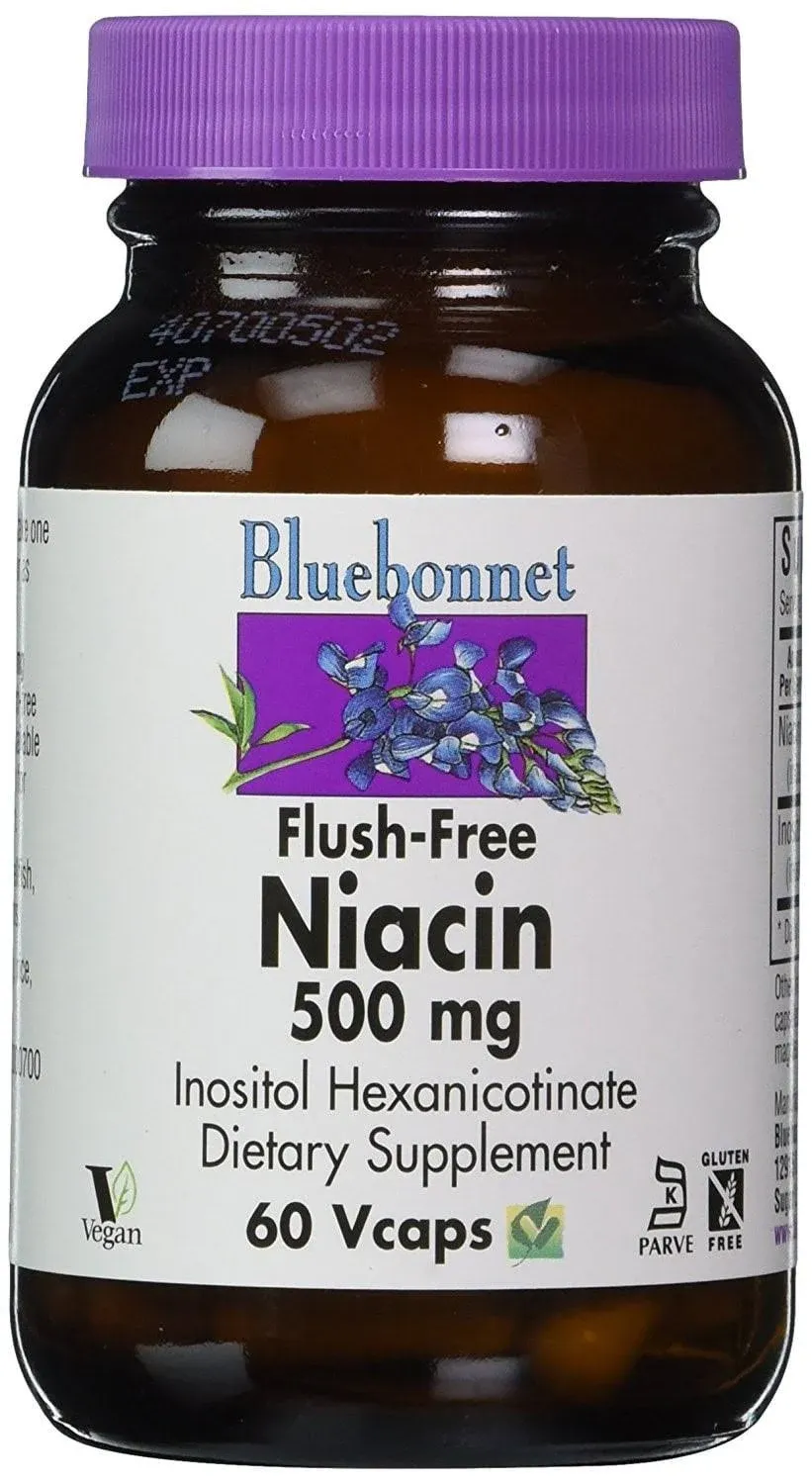 Bluebonnet Nutrition Flush-Free Niacin 500mg, for Nutritional Cardiovascular Support*, Soy-Free, Gluten-Free, Non-GMO, Kosher Certified, Dairy-Free, Vegan, 60 Vegetable Capsules, 60 Servings