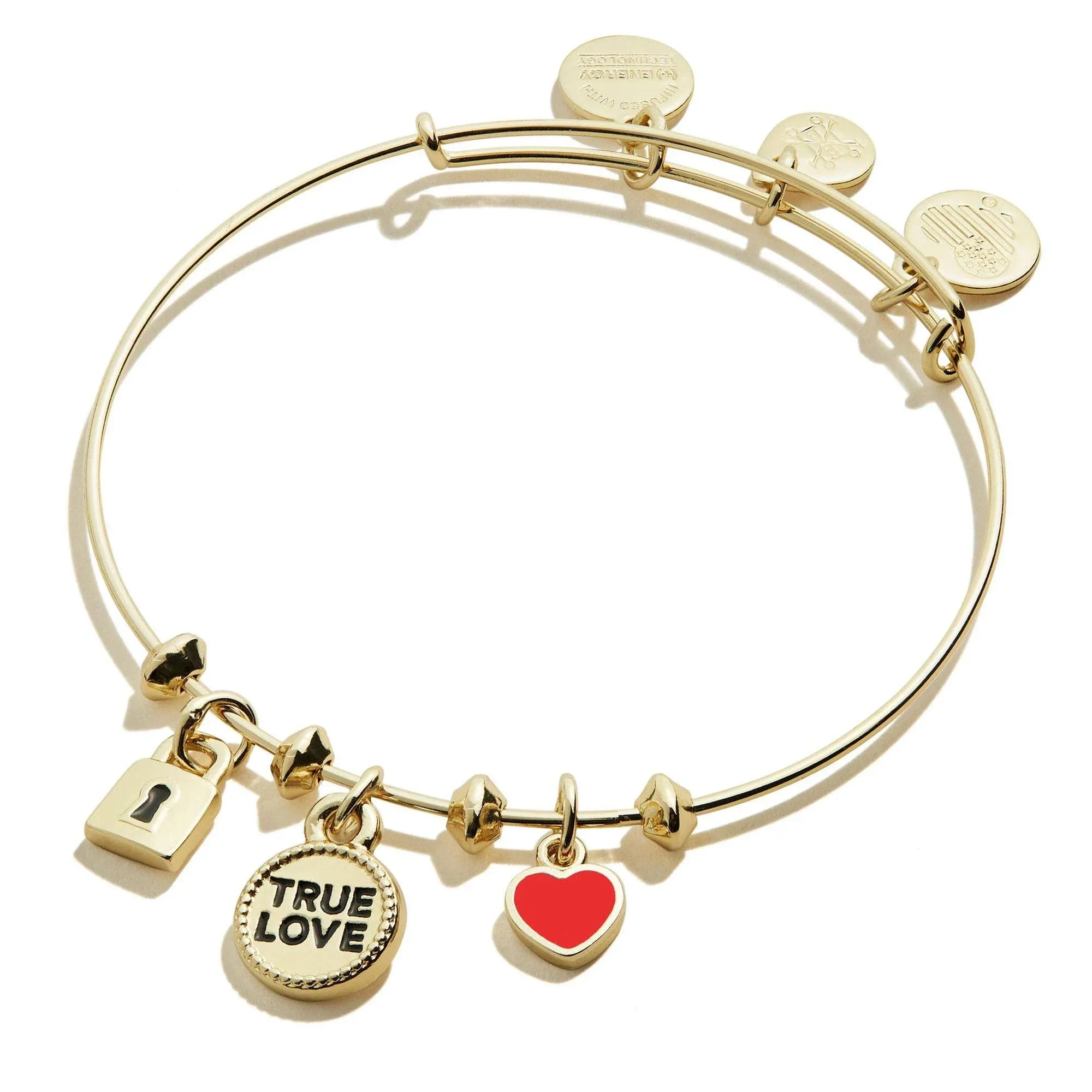 Alex and Ani True Love Trio Charm Bangle Bracelet Shiny Gold New W Tag Box Card