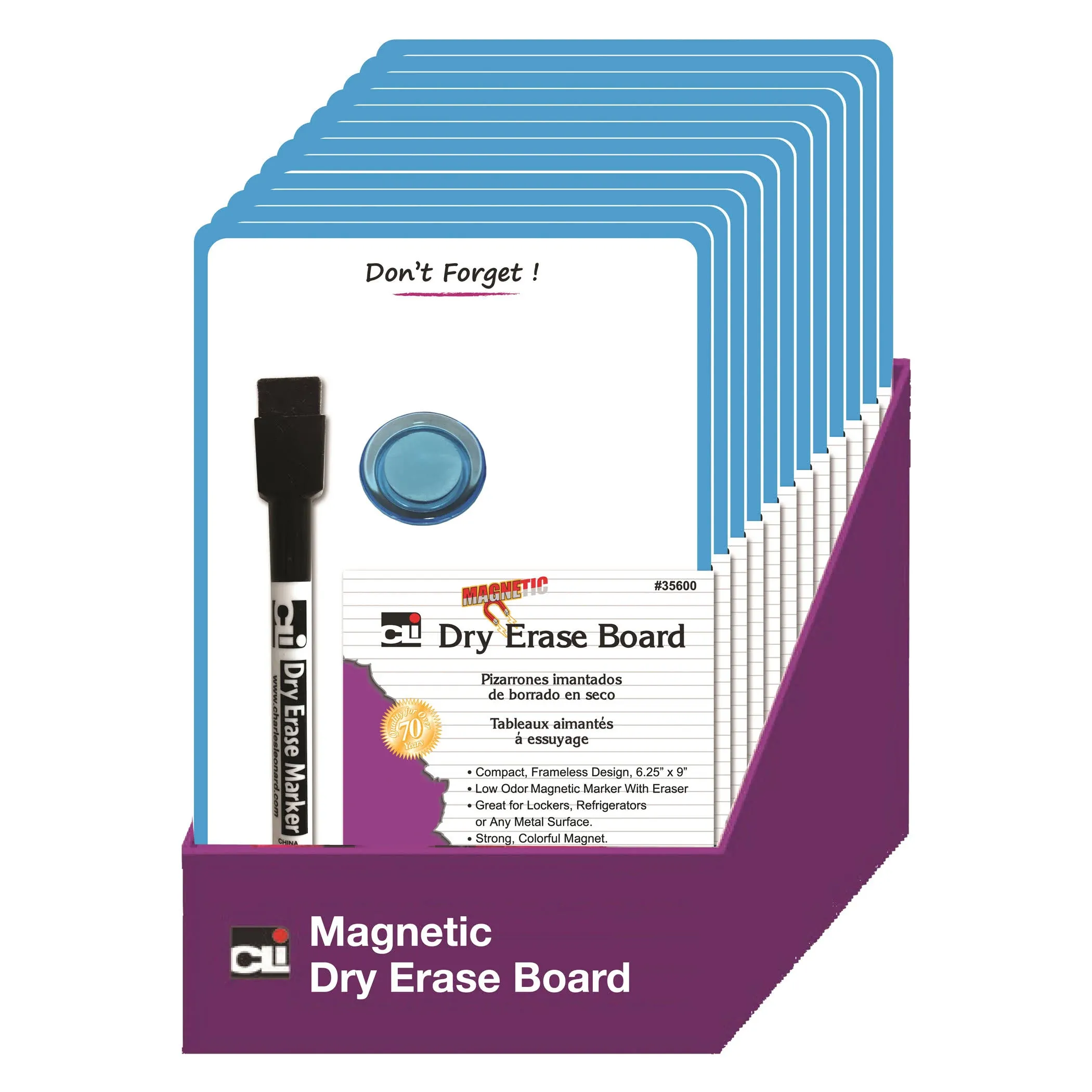 Charles Leonard Magnetic Mini Dry Erase Boards, 6-1/4&#034; x 9&#034;, Marker w/Eraser and