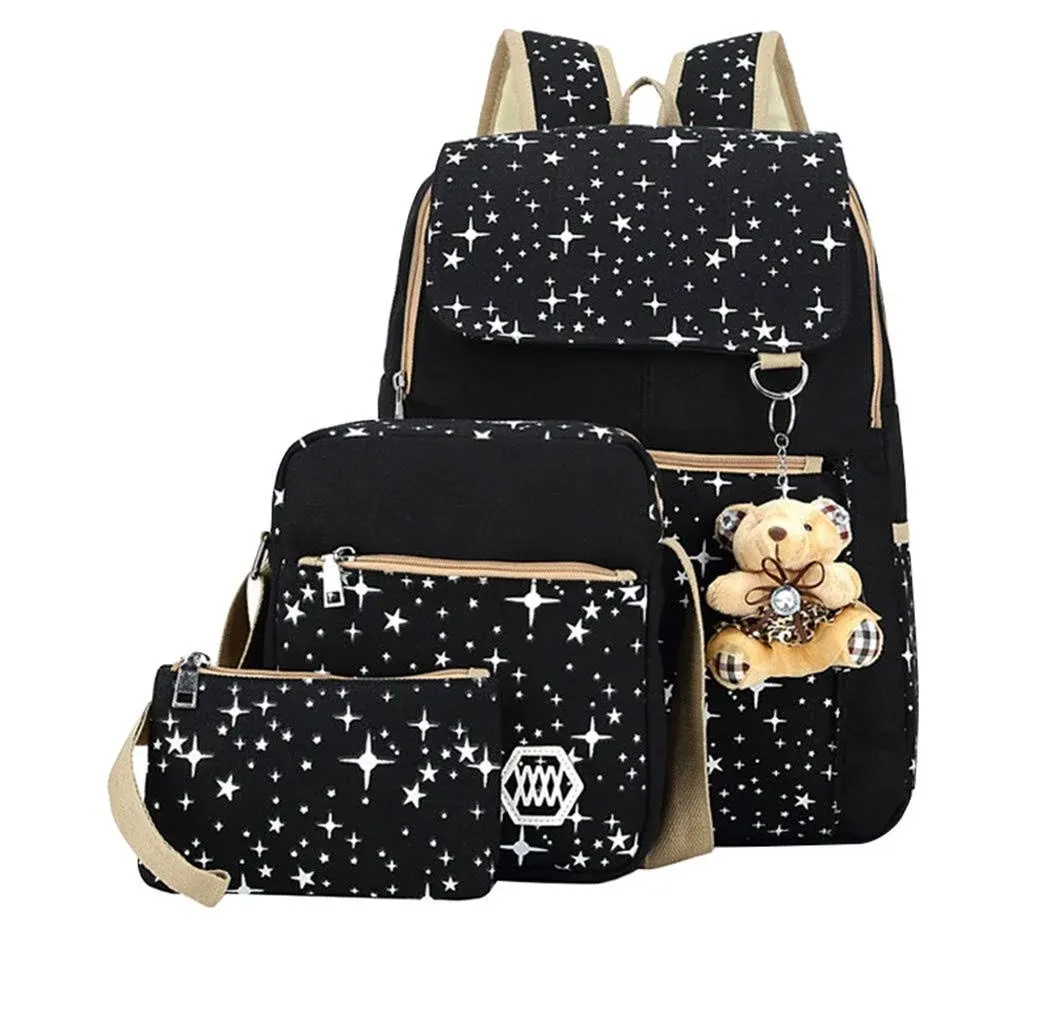 Bansusu Star Print Girls Black Canvas Backpacks Set, School Bags Bookbags for ...