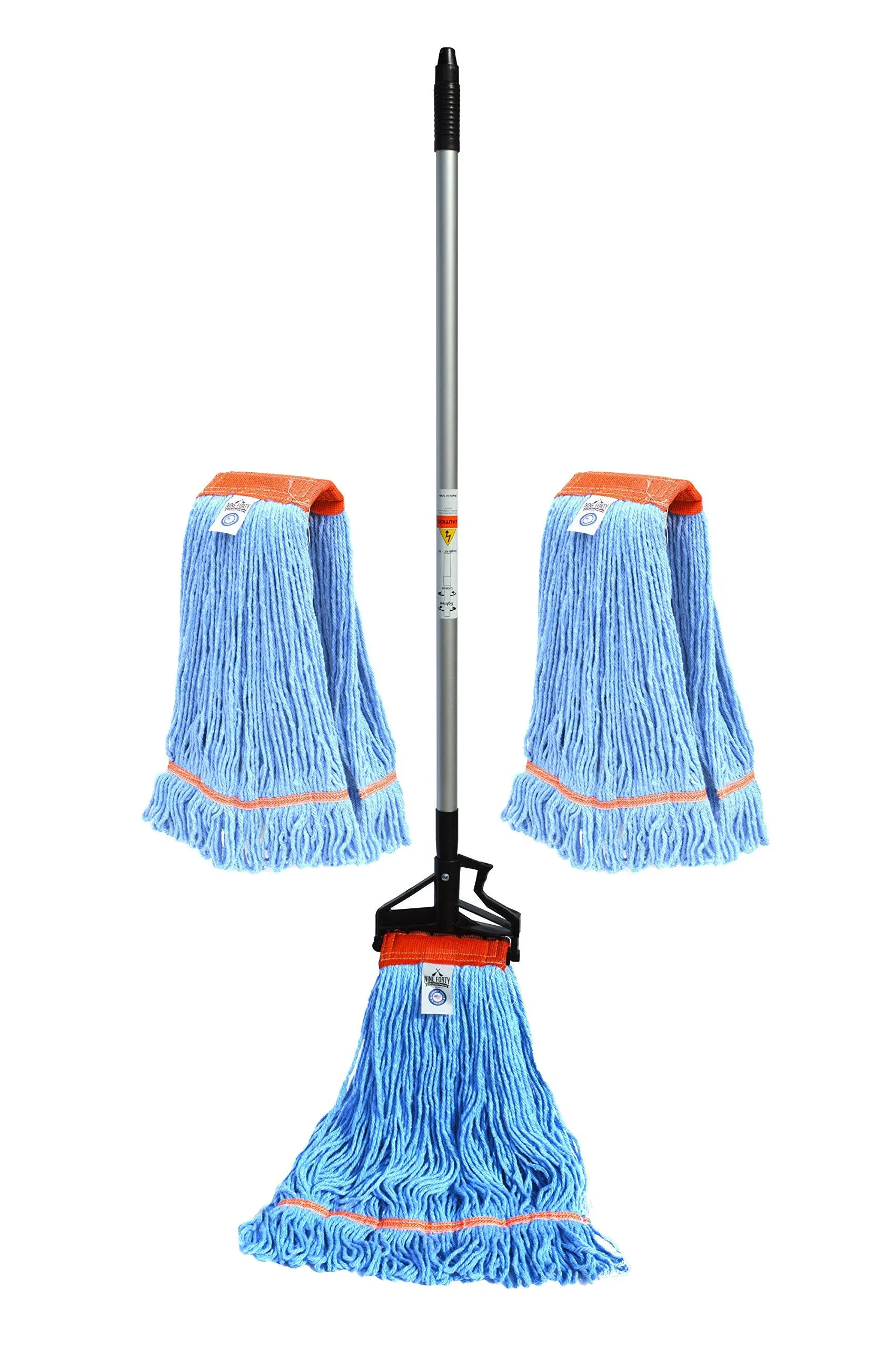 Nine Forty Industrial and Commercial-Grade Looped End Wet Mop w/ 2 Replacement Heads - Blue String Mop with 42”-72” Adjustable Aluminum Handle