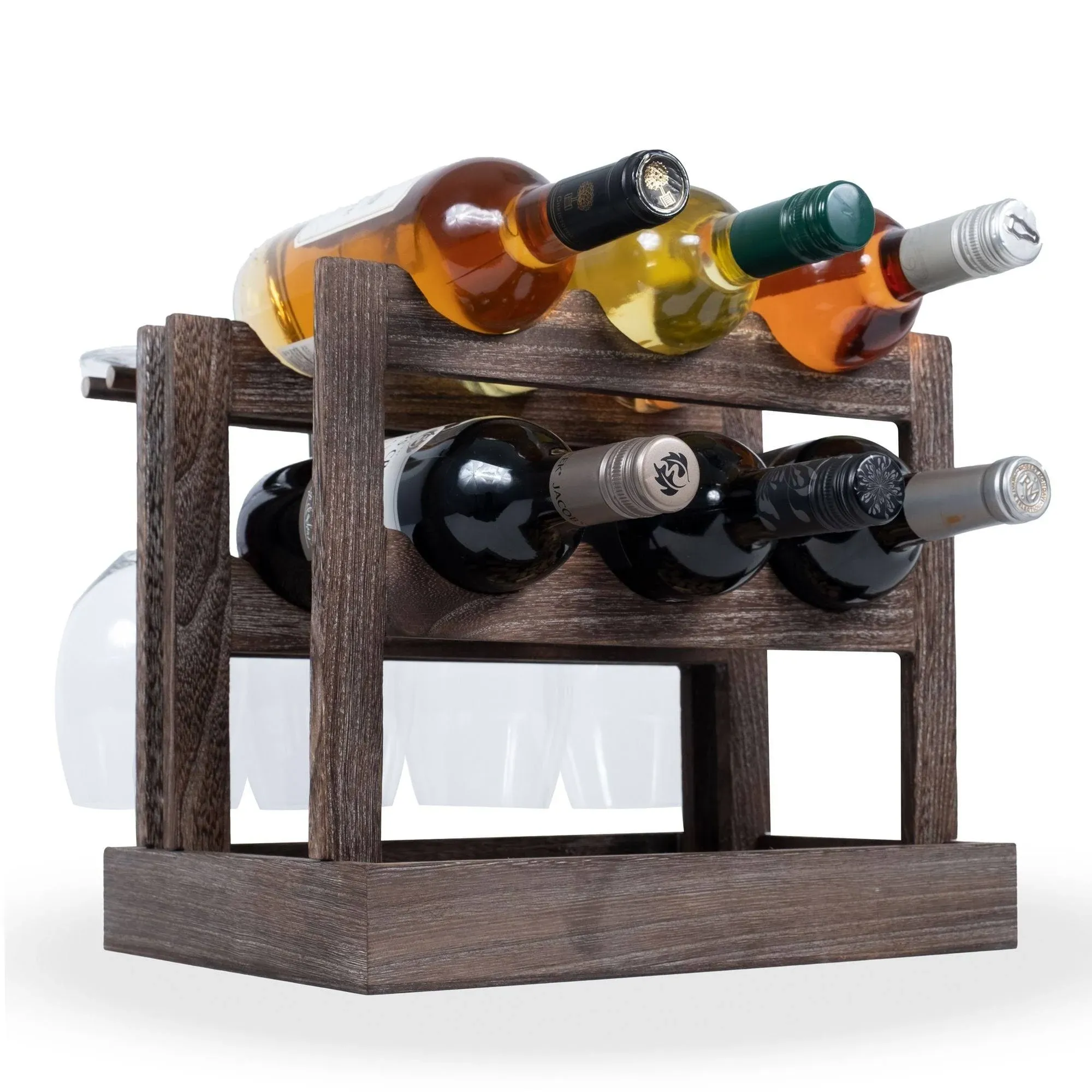 Yapincak Countertop Wood Wine Rack for 6 Bottles and 4 Stemware Glass Holder ...