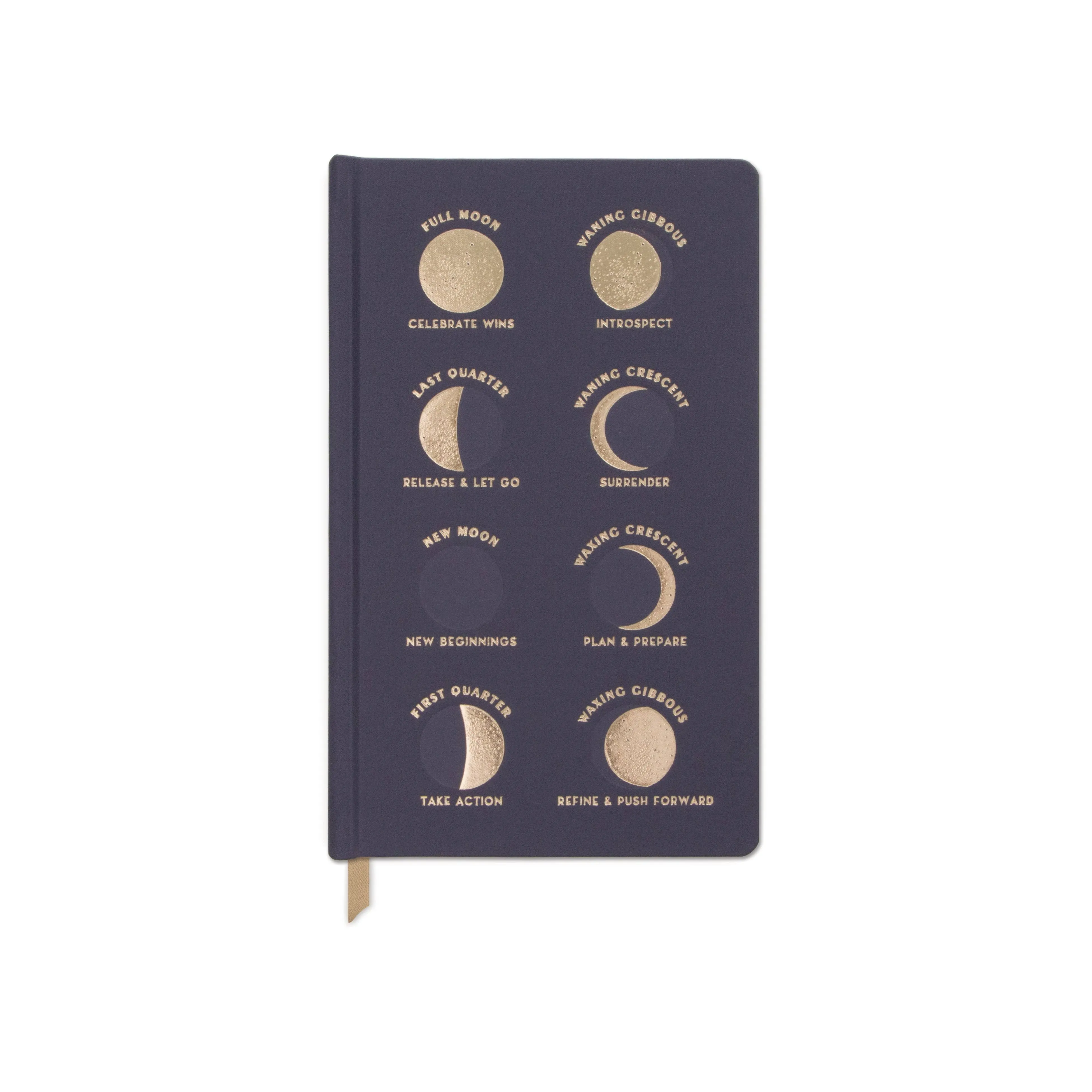 Designworks Ink Cloth Hardcover Journal Notebook with Lined Pages and Ribbon Marker for Work, Writing, Journaling - Charcoal Blue Journal with Gold Moon Phases and Affirmations 5.125" x 8.25"