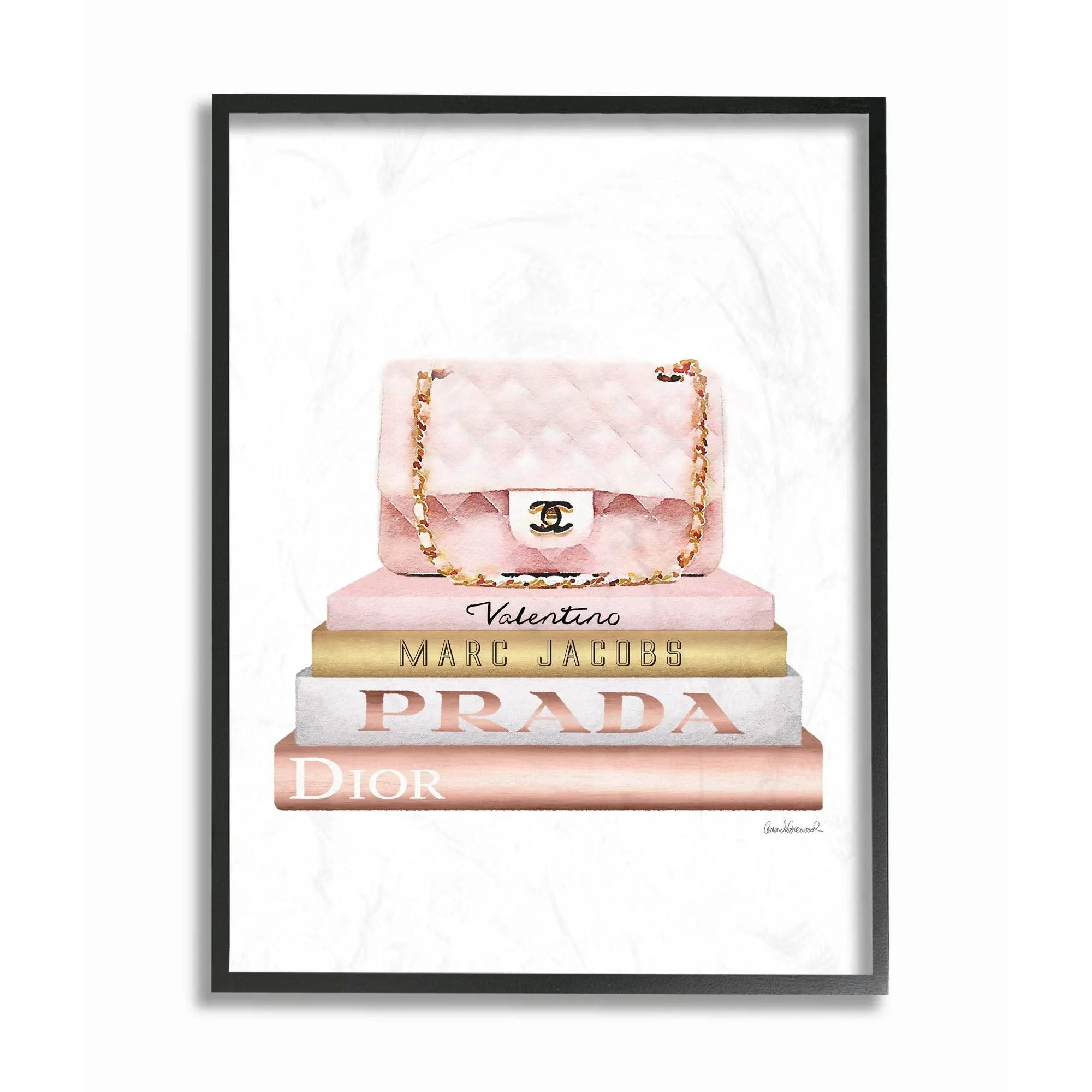 Stupell Industries Fashioner Purse Bookstack Pink White Gold Watercolor, Design by Artist Amanda Greenwood Wall Art, 11 x 14, Black Framed