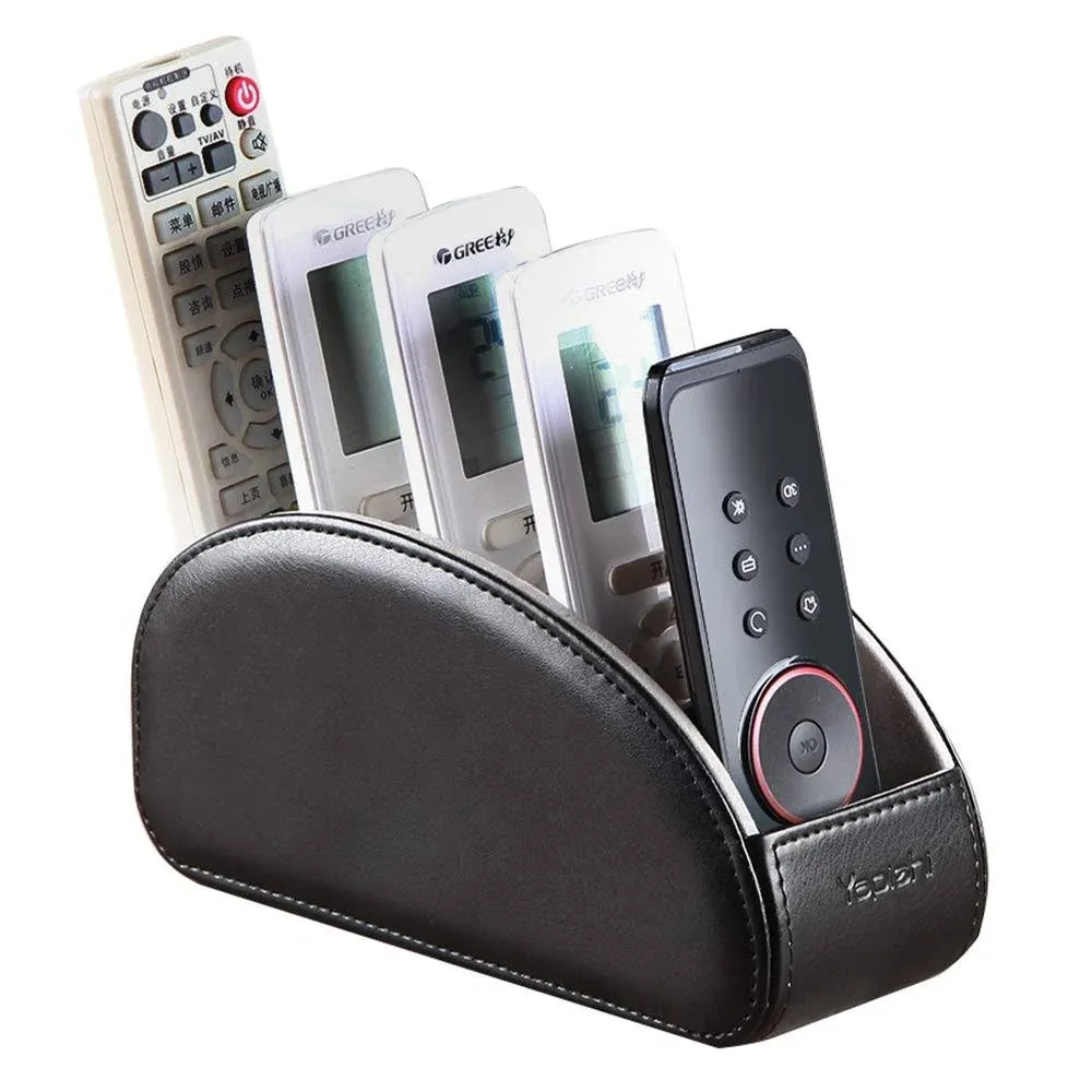 All-in-One Leather TV Remote Control Holder Black with 5 Compartments Nightstand Desktop DVD Media Player Remote Caddy Storage Box Organizer Tray For Makeup Brush Pen Stationary Table Controllers