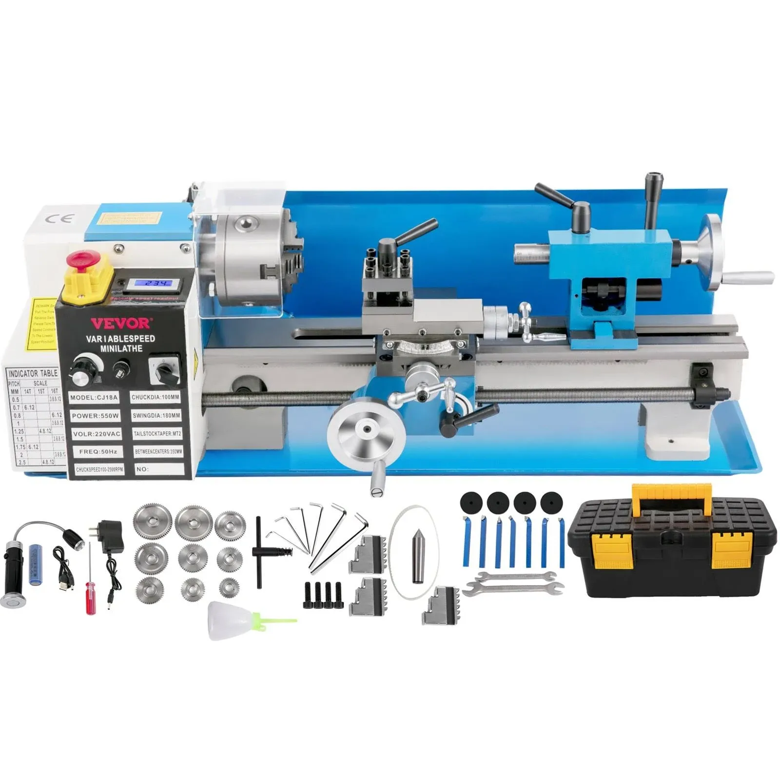 VEVOR Mini Metal Lathe, 7"x14" Benchtop Metal Lathe, 550W Variable Speed 2250 RPM Metal Lathe, with 3-jaw Chuck Mini Lathe Machine, Precision Mini Lathe w/Tool Box Digital Display for Metal Turning