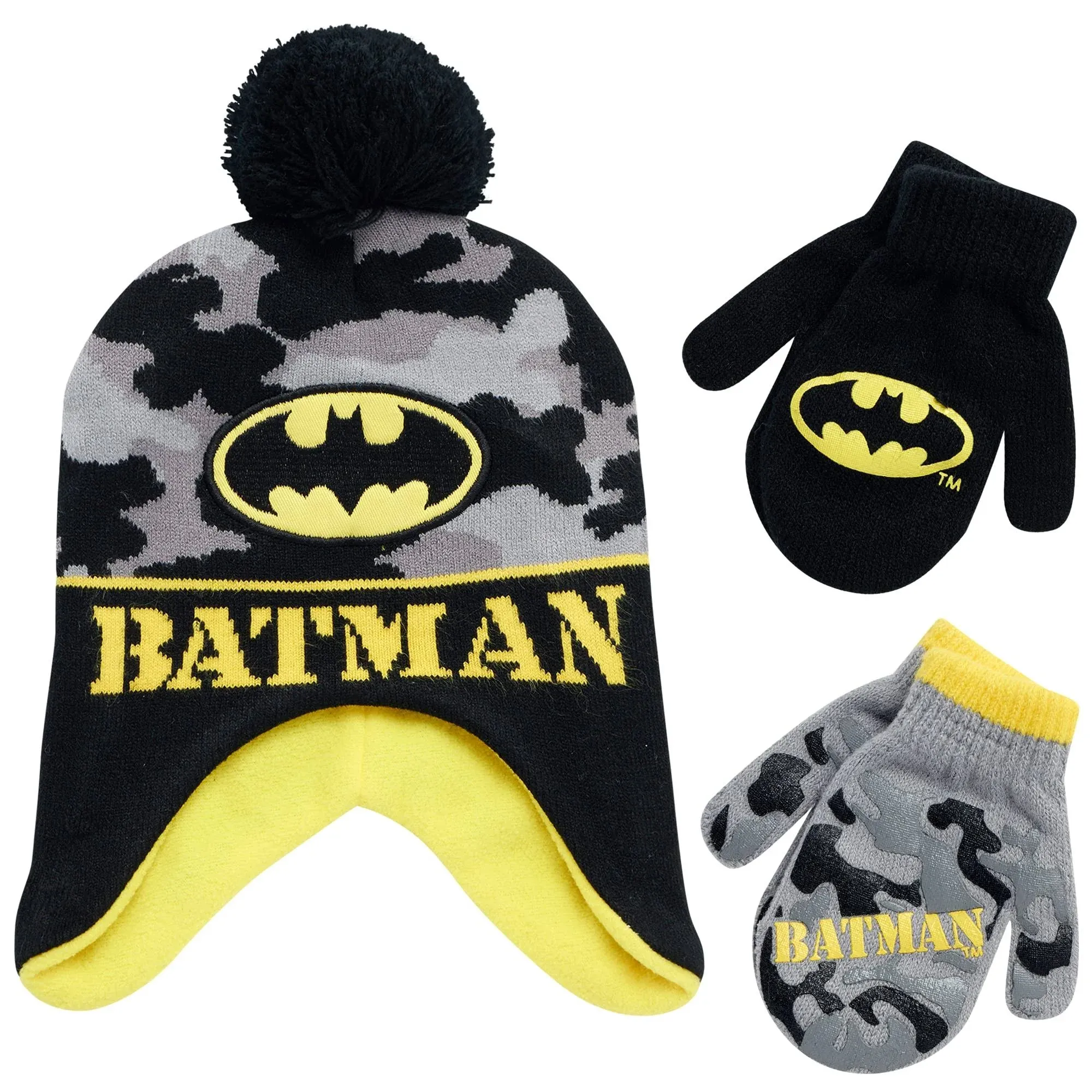 DC Comics Boys Batman Winter Hat 2 Pair Glove or Mittens Set, Toddler/Little Boy