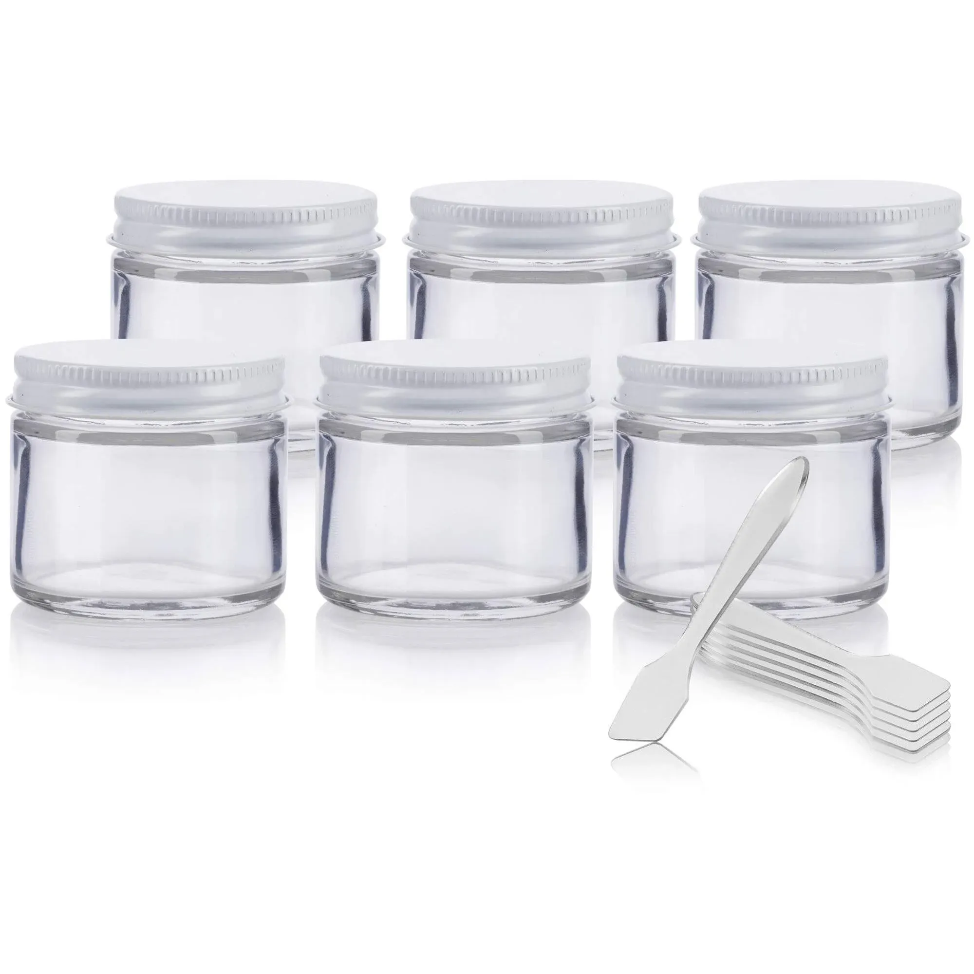 JUVITUS Clear Thick Glass Straight Sided Jar with White Metal Airtight Lid - 2 oz ...