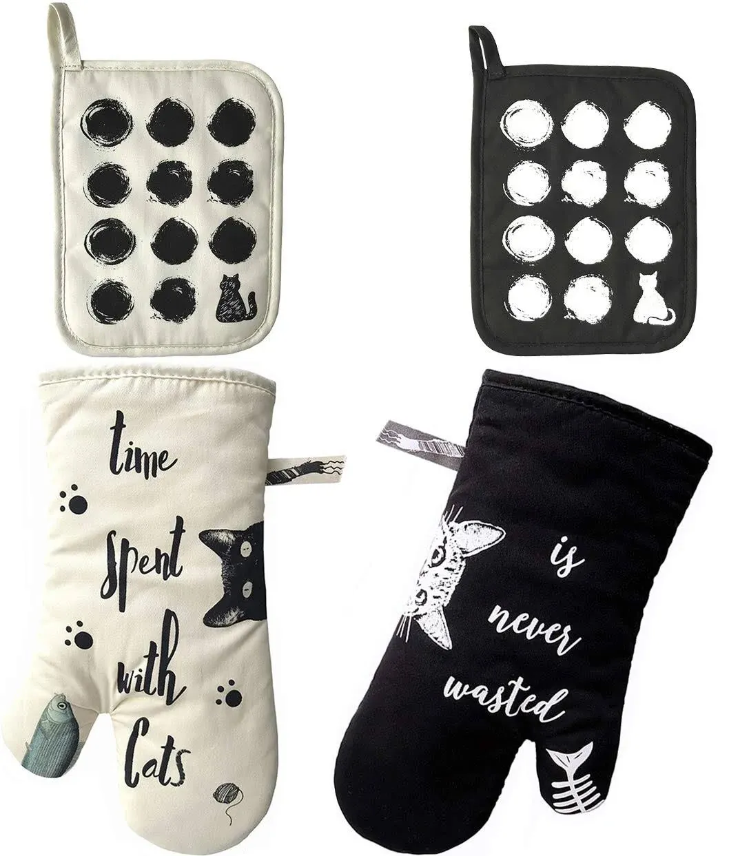 GREVY Cotton Oven Mitts and Pot Holders 4 PCS Kitchen Set,Cats Print