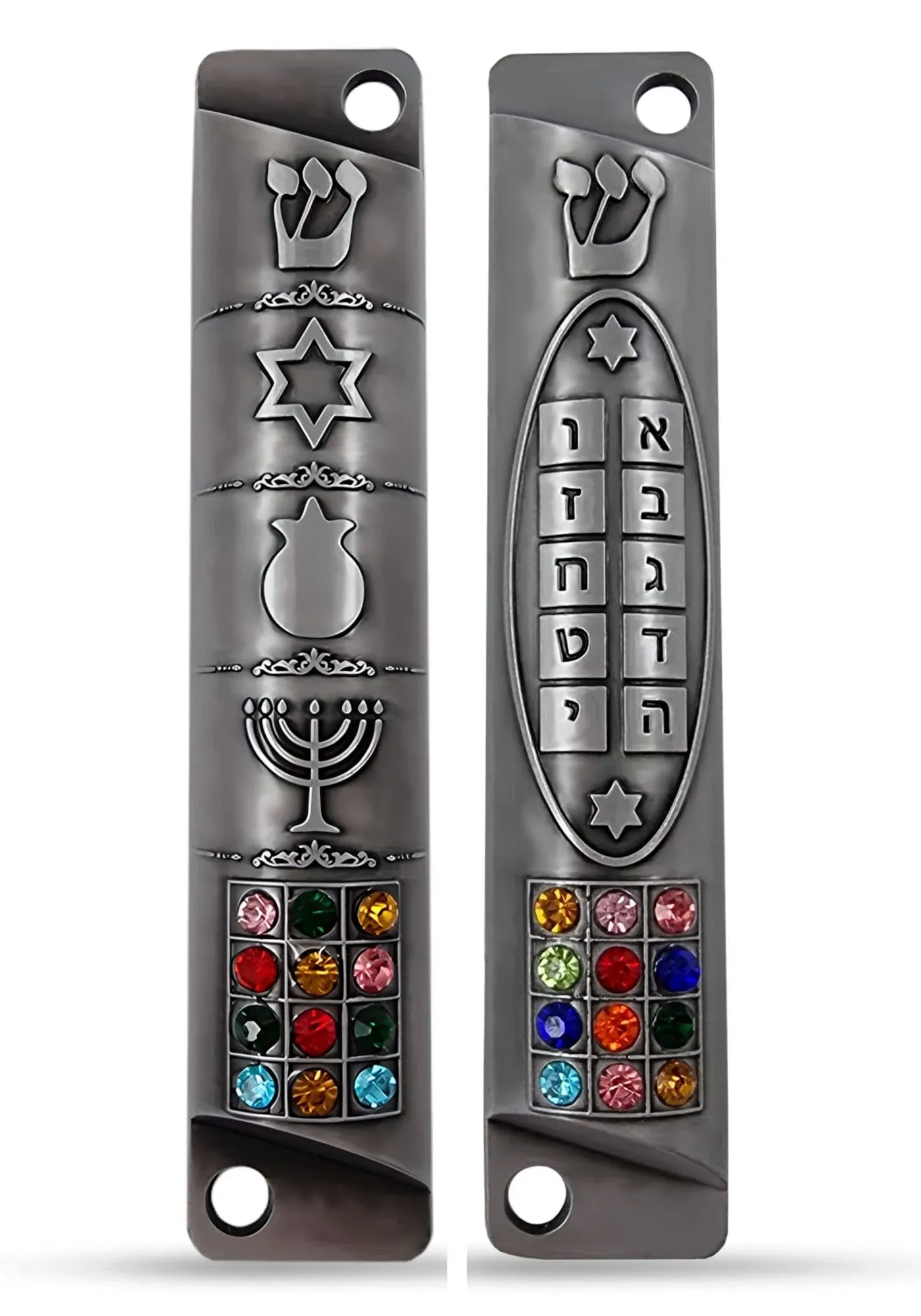 Set of 2 Pewter Mezuzah Case with Scroll for Door 3D Menorah Star of David Ten Commandments 12 Tribes of Israel Judaica Gift