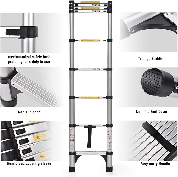 JADDUO Telescoping Ladder 10.5 FT Extension Ladder Aluminum Lightweight Telescopic Ladder with 2 Triangle Stabilizers Telescoping Atti