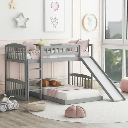 Low Bunk Bed Twin Over Twin for Kids Bedroom Wood Twin Bunk Bed Frame with Safety Rail Slide and Ladder Heavy Duty Twin Bunk Beds Mattress Foundation for Boys Girls No Box Spring Needed Gray