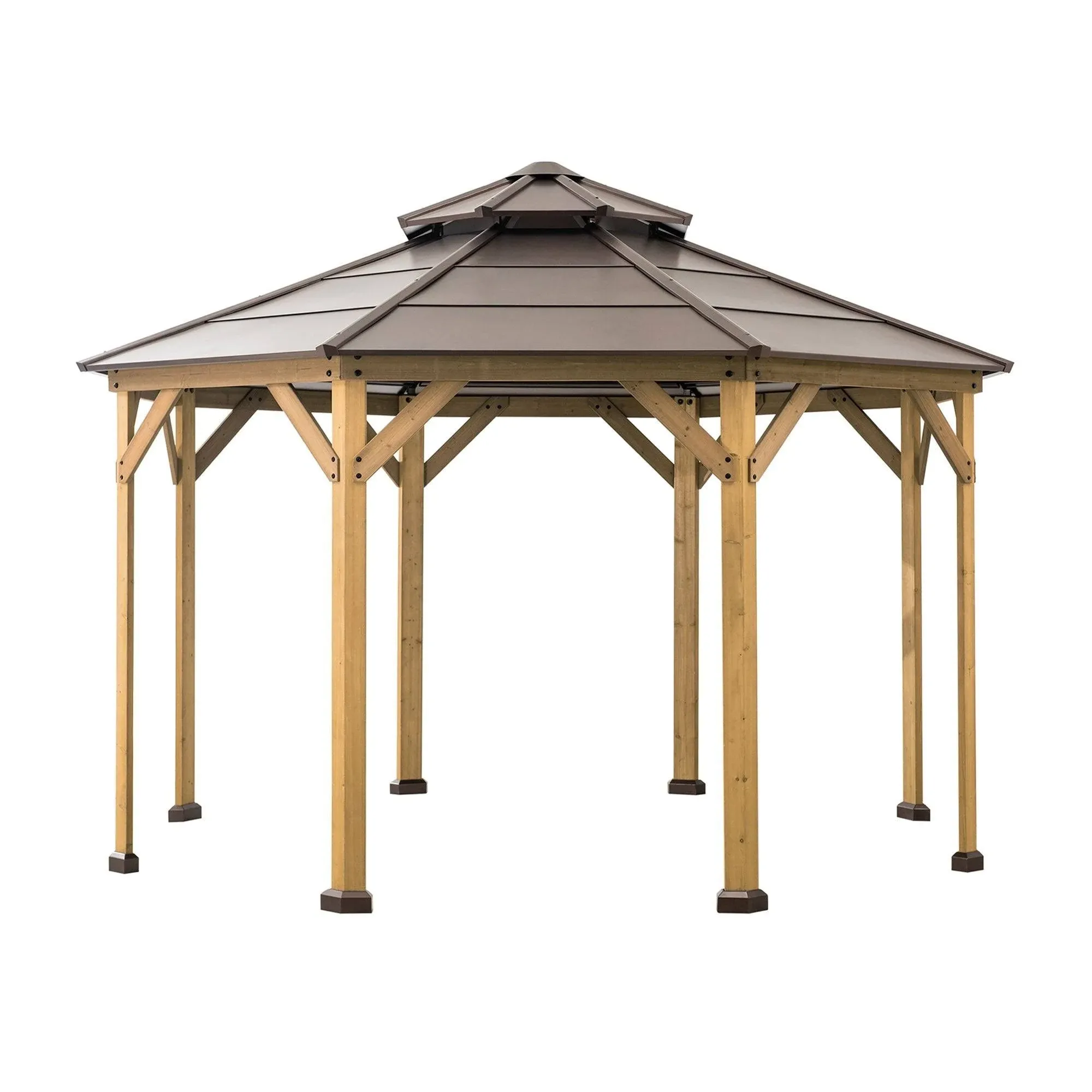 Sunjoy 13 ft. x 13 ft. Cedar Framed Octagon Gazebo with Brown Steel 2-Tier ...