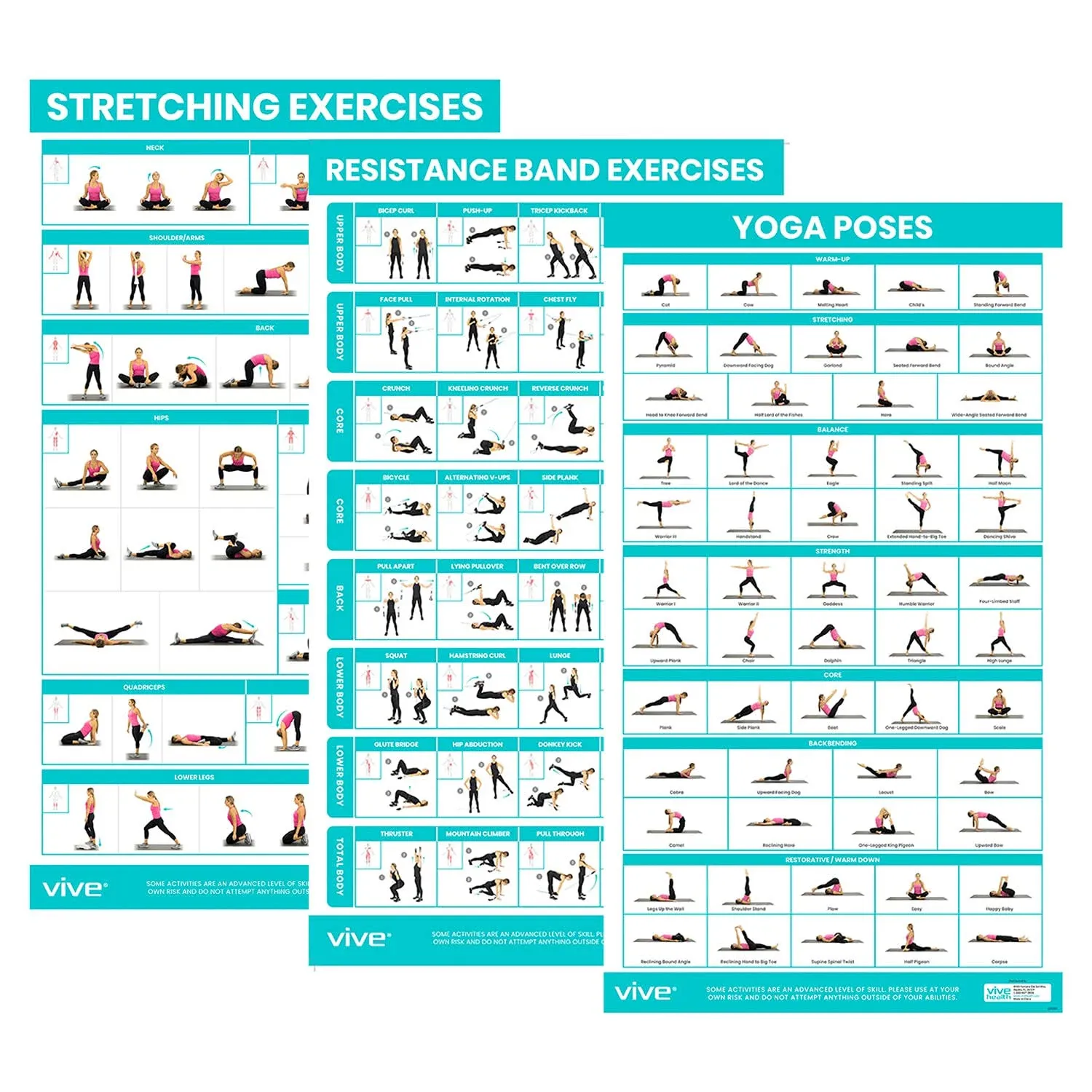 Vive Yoga Poses + Stretching Exercises + Resistance Band Workouts Poster for Home Gym (3 Pack) - 149 Illustrations for Flexibility, Strength, Core, Exercising, Pilates Mat - Work Chart Set, Laminated 30" x 17"