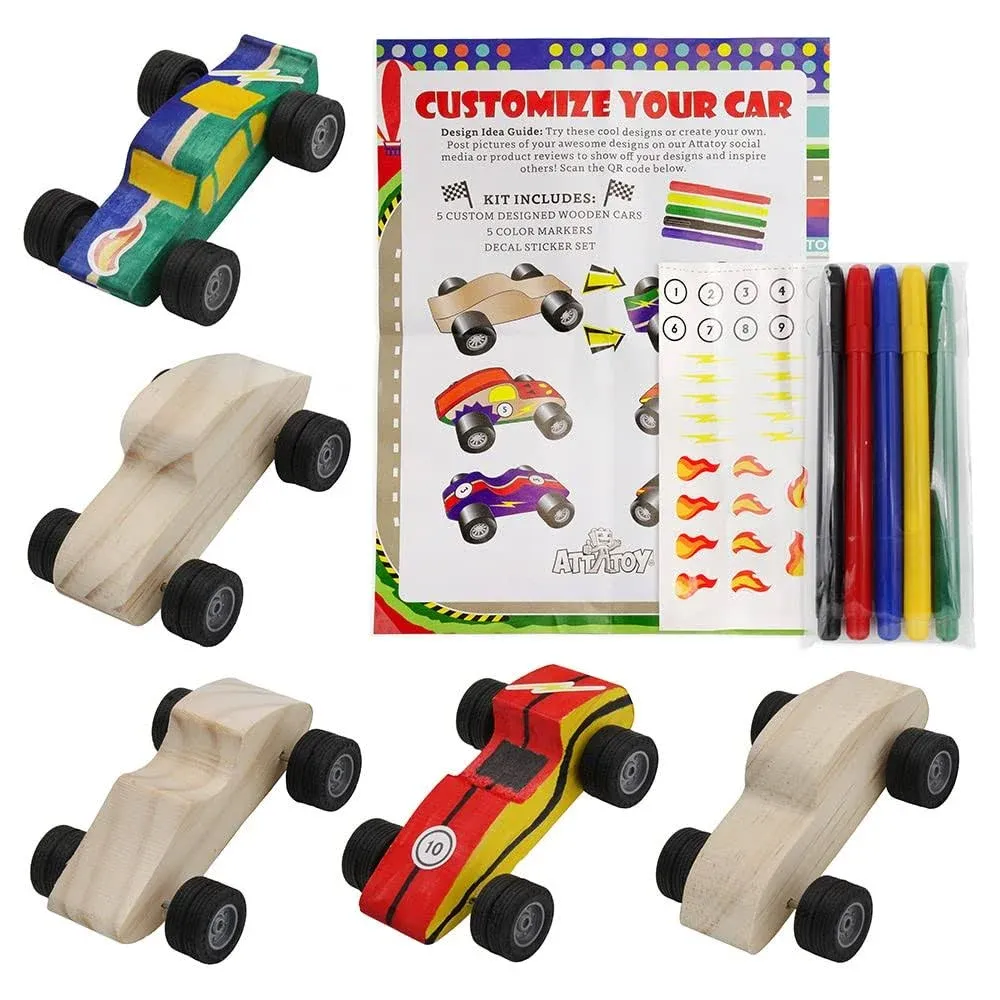 Attatoy DIY Craft Wood Car Kit (10-Piece Set); Unfinished Mini Wooden Race Car Craft Project for Kids