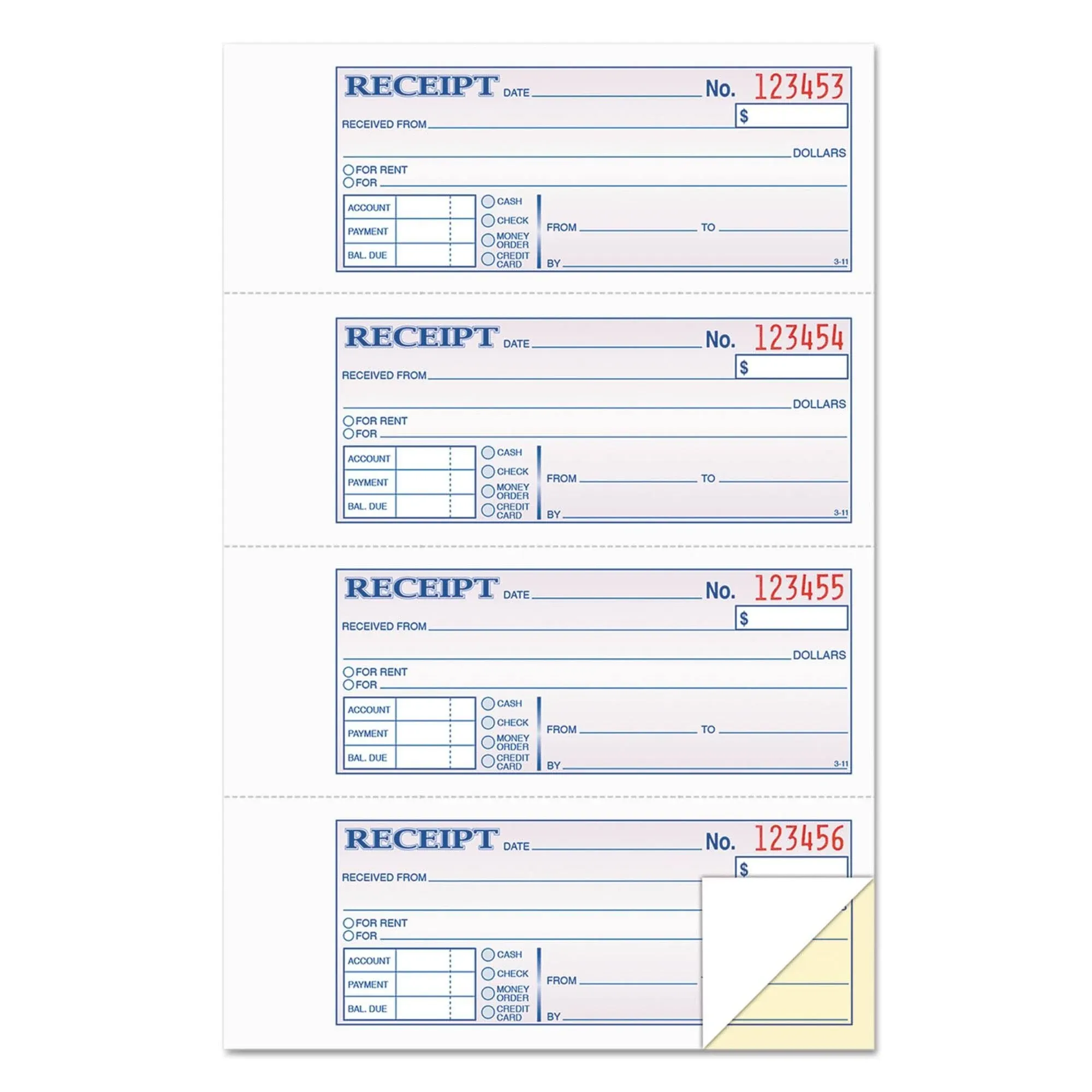 Money And Rent Receipt Books: 7 1/8 in Lg, 2 3/4 in Wd, Canary, 50 Sheets, Carbon Copies