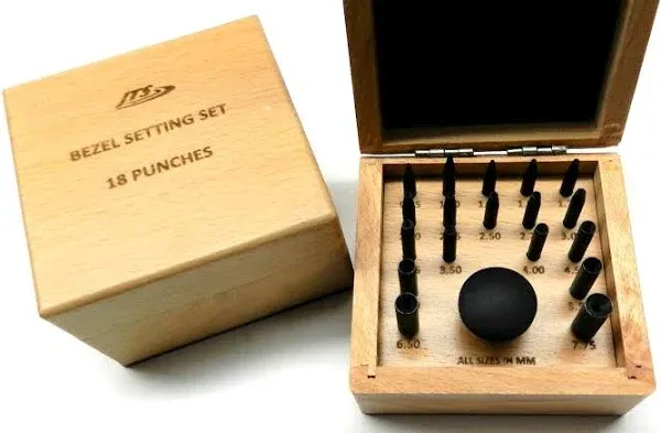 JTS Bezel Setting Tools 18 Punch Set Size Range 0.75 to 7.75mm in Wooden Box