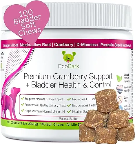 EcoBark Natural Urinary Tract Cranberry Supplements for Dogs - Bladder Health & Kidney Support for Dogs - UTI Relief - Dog Bladder Control Chews - Dog Cranberry Soft Chews for Dog Incontinence Support