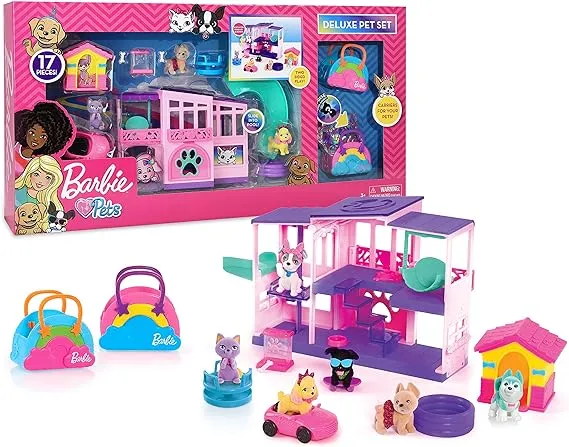 NEW Barbie Deluxe Pet Set Dreamhouse Barbie Loves Pets Puppy Kitten Dog 17 piece