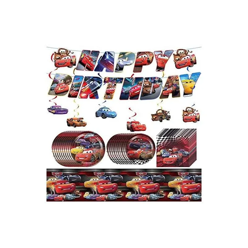 48pcs Cars Birthday Party Supplies Include Banner Hanging Swirls Plates Napki...