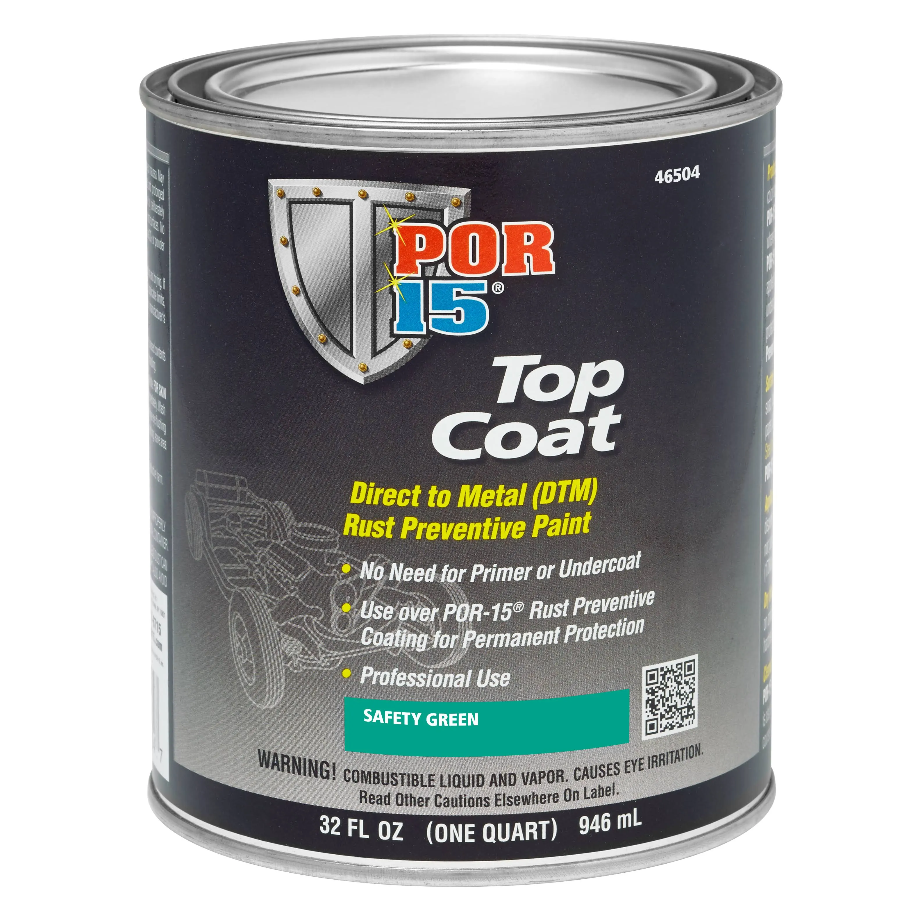 POR-15 46504 Top Coat DTM Paint, 1 qt Can, Safety Green, Liquid, 30 to 60 min Curing