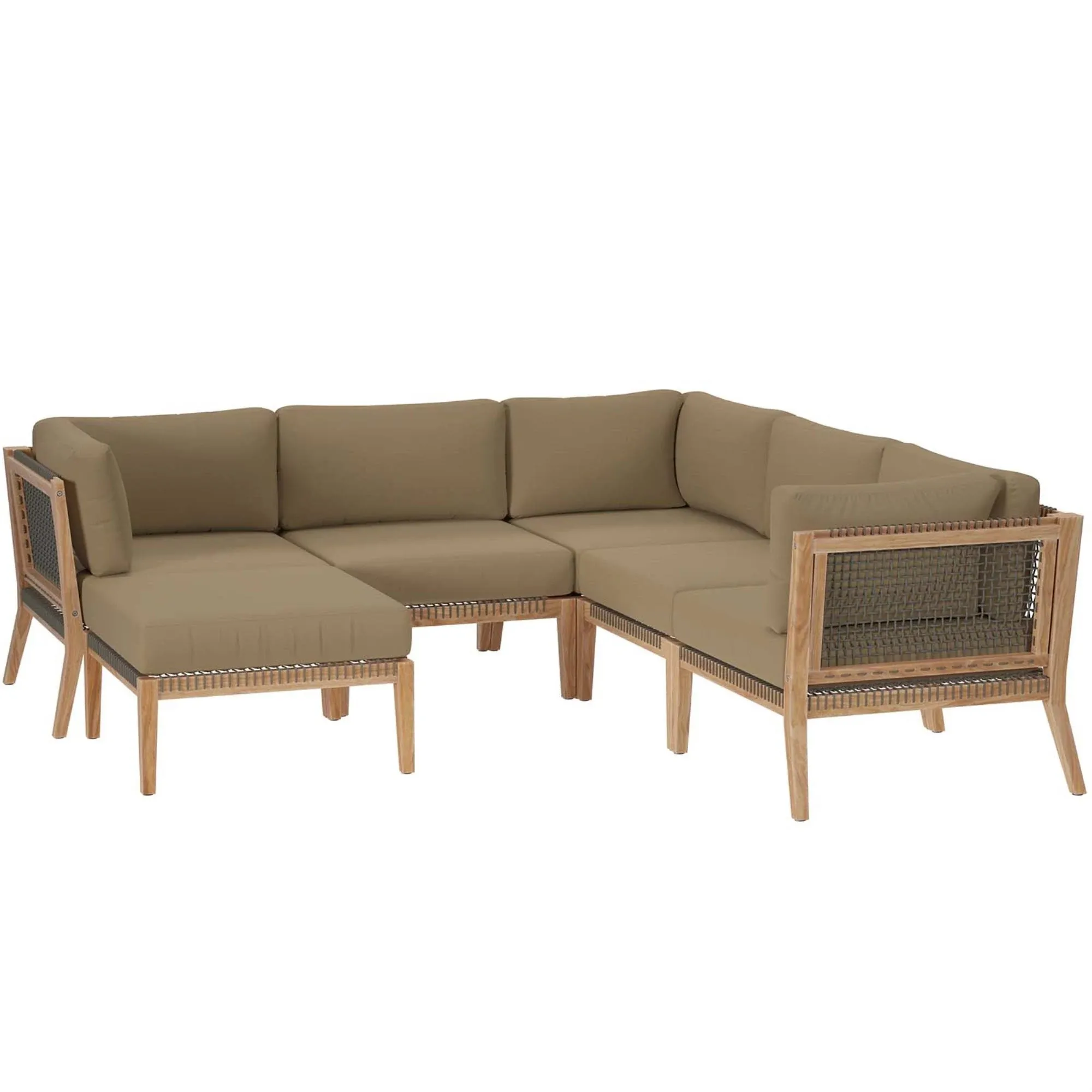 Clearwater Outdoor Patio Teak Wood 6-Piece Sectional Sofa | Armless Chairs + Corner Chairs