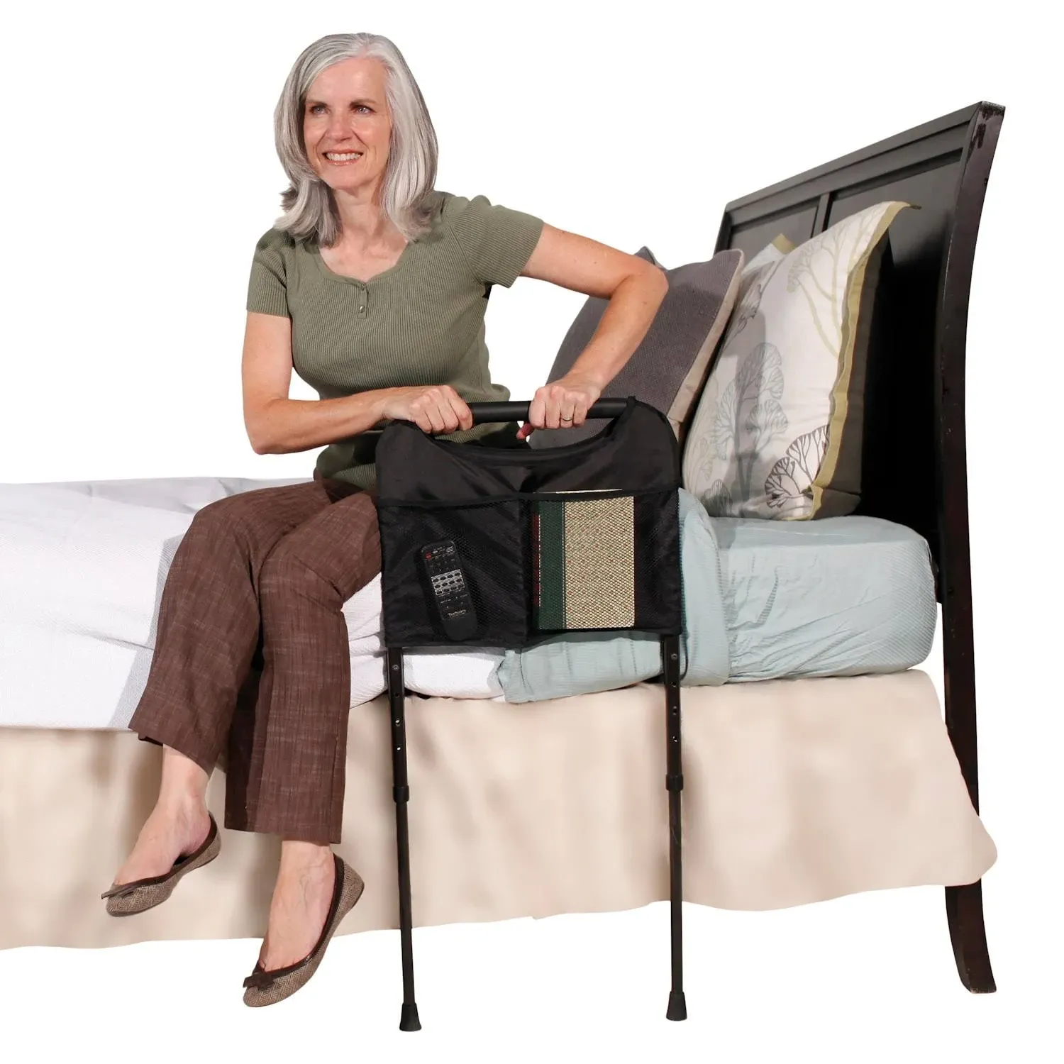 17 in. Sturdy Bed Rail with Adjustable Support Legs and Organizer Pouch in Brown