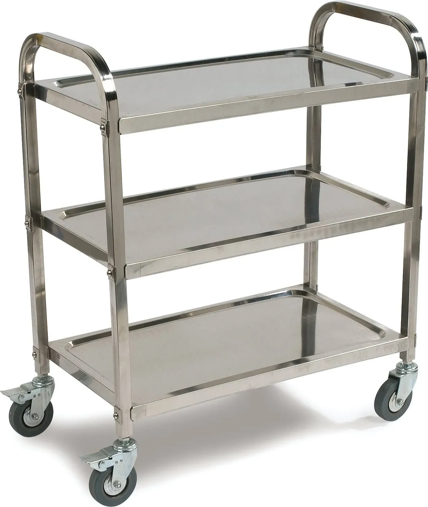 Utility Cart, 400 lb. capacity, 29-1/2in.L x 17-1/2in.W x 35-3/4in.H, open design, (3) shelves, (2) push handles, non-marking soft rubber bumpers, (4) casters, 18/10 stainless steel, KD