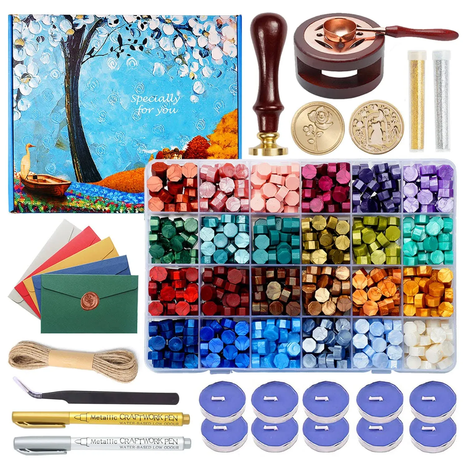 Comealltime Wax Seal Kit with Gift Box, 624 Pcs Wax Seal Beads with 2 Pcs Wax Seal Stamps, Sealing Wax Warmer, Wax Seal Metallic Pen, Envelope, Candles, Wax Seal Stamp Kit for Gift and Craft