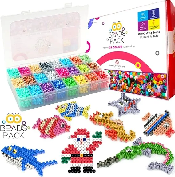 BeadsPack Fuse Beads Kit for Kids with 4200 Beads 5mm - 1 Pegboard, Tweezer, Pattern & Iron Paper – 24 Assorted Color Iron-On Melty Beads for Kids Crafts & Gift – Ideal for All Occasions