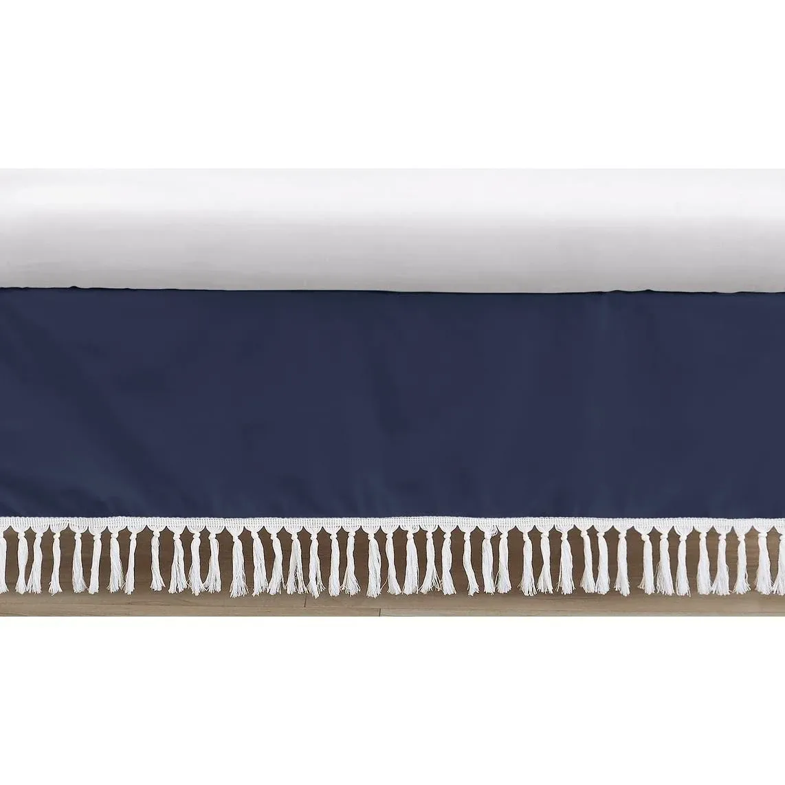 Boho Fringe Navy Blue and White Collection Crib Bed Skirt