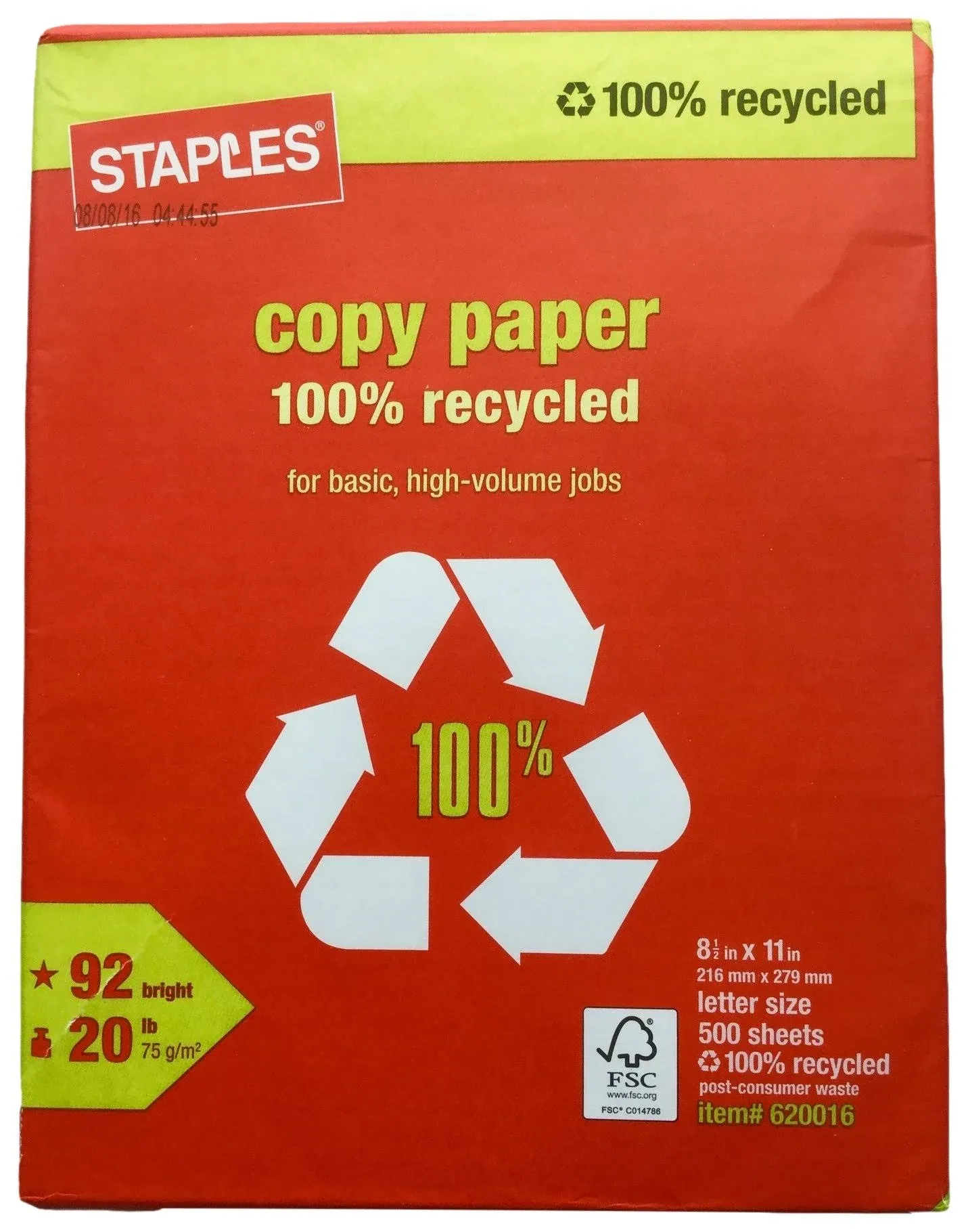 Staples 100% Recycled Copy Paper, 8 1/2 in. x 11 in., Ream