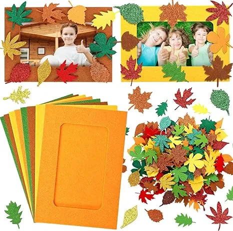 Ferraycle 232 Pcs Thanksgiving DIY Picture Frames Craft Kit Fall Felt Photo Frames with Leaves Pumpkin Harvest Crafts with Foam Stickers for Autumn Party Favor(Mix Color,Leaf)