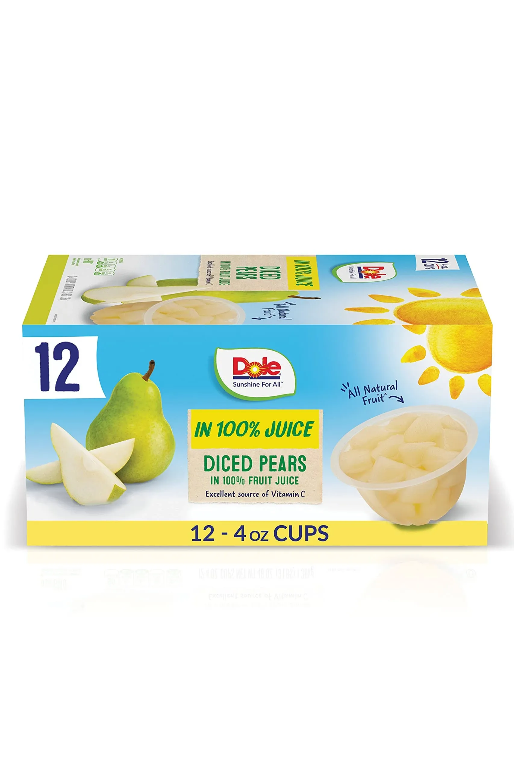 Dole Diced Pears in 100% Juice^ - Dole Fruit Bowls Snacks - 4 oz Fruit Bowls - 12 Pack