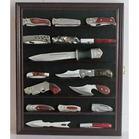 Pocket Hunting Knife Display Case Wall Wooden Cabinet with Glass UV Protection ...