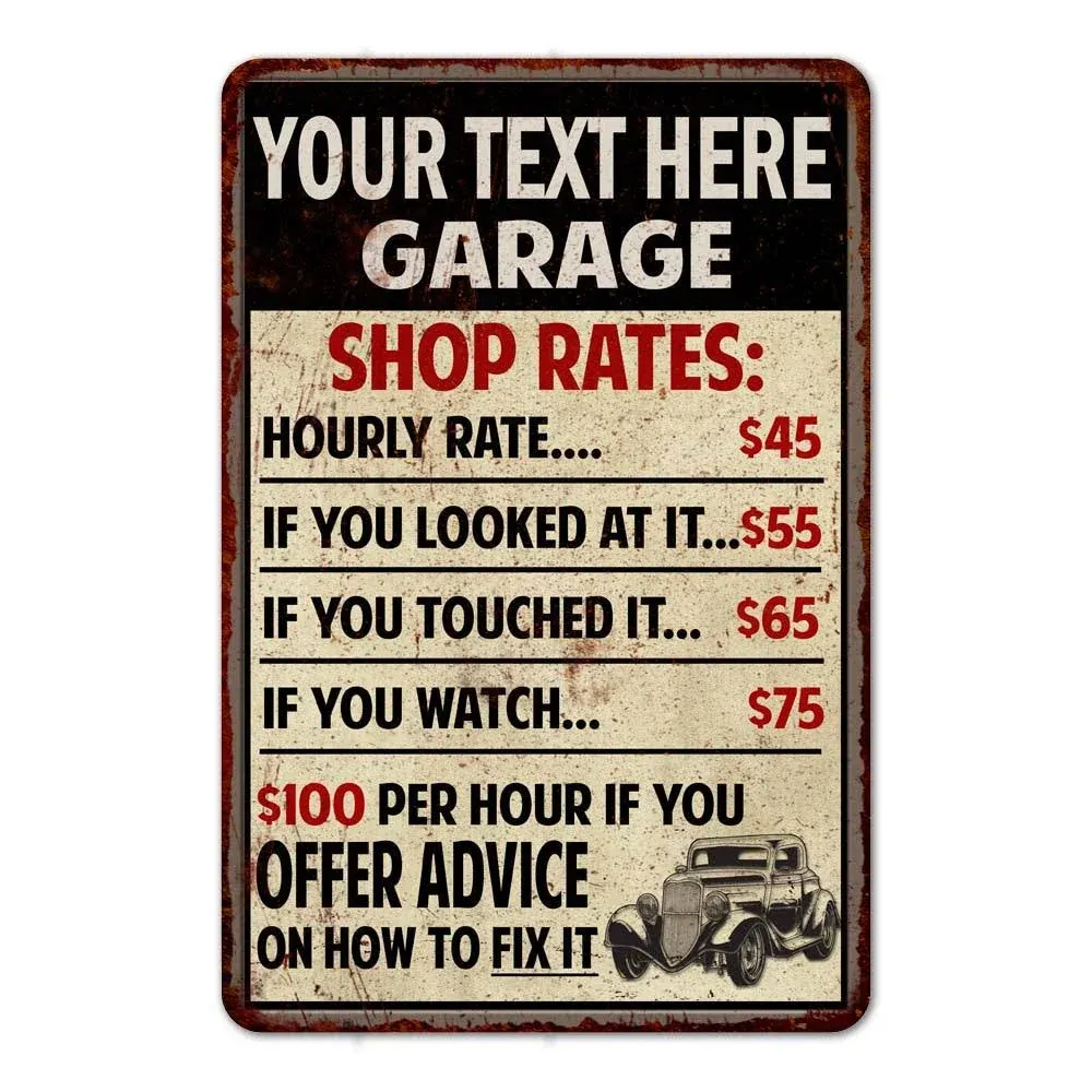 Personalized Garage Shop Rates Sign 108120010001