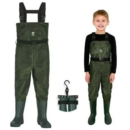 Tidewe Chest Waders for Kids, Waterproof Youth Waders with Boot Hanger, Lightweight Durable PVC Kids Chest Waders with Boot for Fishing & Hunting (