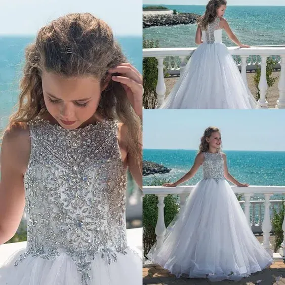 Beaded Rhinestone Jewel Neck Sleeveless Pageant Dress For Little Girls With Buttons Back And Tulle Silver Maxi Skirt   Perfect For Weddings And Flower Girls From Bridelee, $71.20 | DHgate.Com