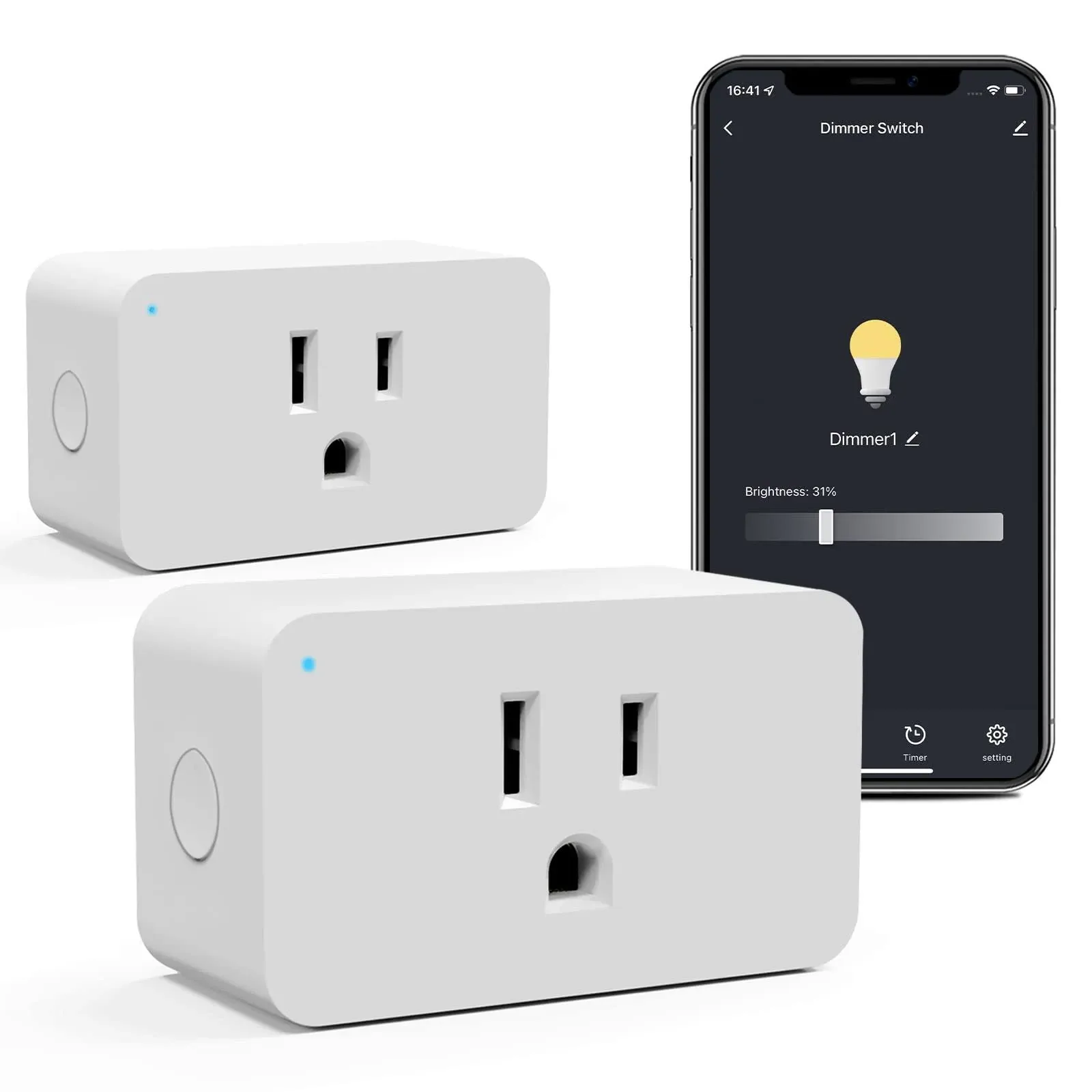 WiFi Smart Dimmable Plug 2 Pack, Smart Plugs for Voice Control, Mini Dimmer Switch Outlet Dimmable LED, CFL, Halogen and Incandescent Bulbs, Lamps, 2.4GHz, No Hub Required