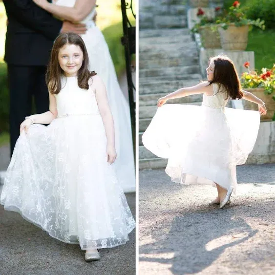 A line Wedding Pageant Lace Flower Girl Dress with Belt 2-12 Year Old