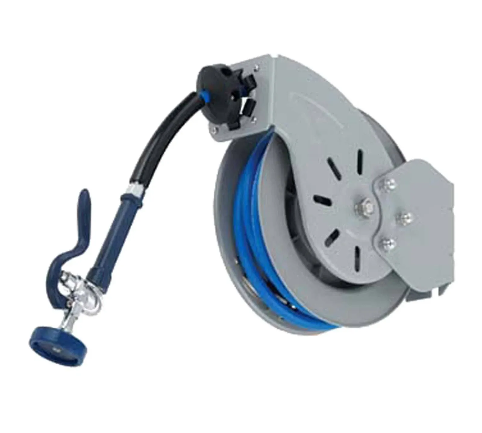 Hose Reel System, open, epoxy coated ste with high flow blue spray valve, with ratcheting system and adjustable hose bumper, epoxy coated steel hose reel