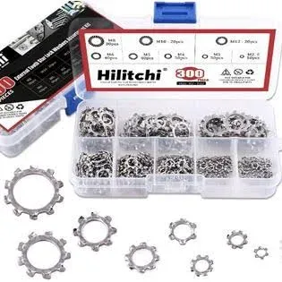 Hilitchi 300-Pcs [8-Size] 304 Stainless Steel External Tooth Star Lock Washers Assortment Set - Size Included: M2 M3 M4 M5 M6 M8 M10 M12